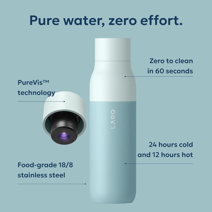 Пляшка для води LARQ PureVis 740 мл, самоочисна, нержавіюча сталь, м'ятний колір Seaside Mint, BPA-free, з УФ-C очищенням, тримає температуру, 2 роки гарантії