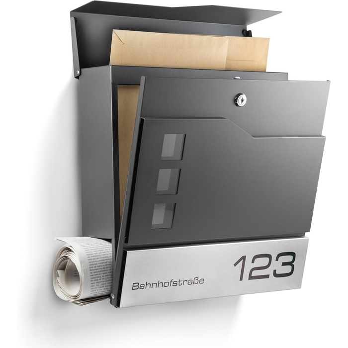 Поштовий ящик Oslo Anthrazit RAL7016 з газетницею та гравіюванням: індивідуальний дизайн, нержавіюча сталь, стійкість до УФ-випромінювання
