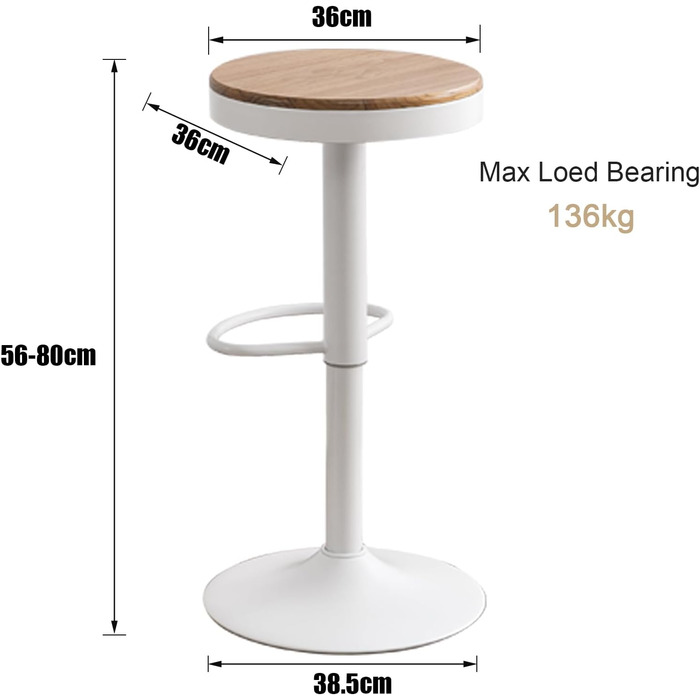 Kidol Adjustable Height Bar Stools 2-Pack - 360° Swivel, Round Wooden Seat on Metal Frame, for Kitchen/Bar/Living Room (White)