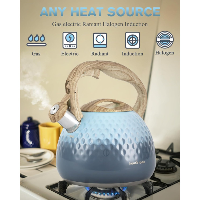 Чайник для заварювання чаю Teekessel 2,7 л з емальованим покриттям, зелений колір з імітацією дерева, з носиком-свистком, з нержавіючої сталі, антипригарне покриття, зручна ручка оливкового кольору з переходом у блакитний