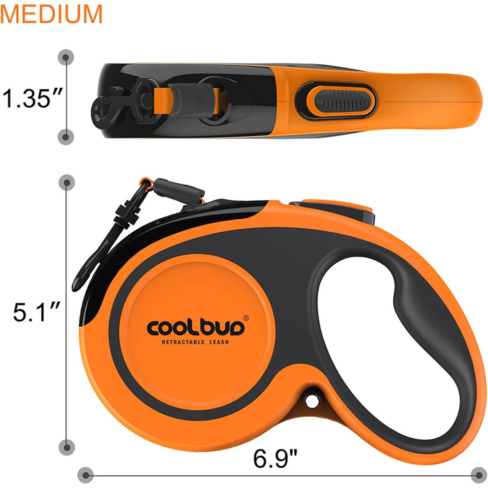 Висувна поводок для собак, 4.6 м, для собак малих, середніх та великих порід (до 110 кг), міцний, з гальмом в один клік, зелений (Medium, помаранчевий/червоний у вигляді зигзагів)
