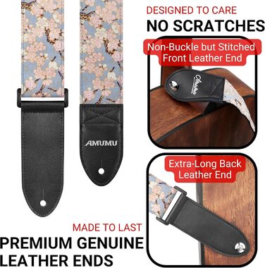 Гітарний ремінь Amumu з бавовни з вишивкою троянд та шкіряними кінцями для бас, електро та акустичної гітари, з фіксатором та блоками для ременя (Цвітіння сливи)