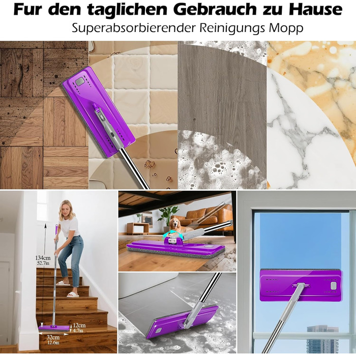 Набір для миття підлоги MASTERTOP з відром, моп з нержавіючою ручкою та 3 насадками, 2 в 1 набір відра та мопа, плоский моп з функцією віджиму для твердої підлоги, ламінату, плитки (Бежевий) (Набір для миття підлоги з відром: Фіолетовий)