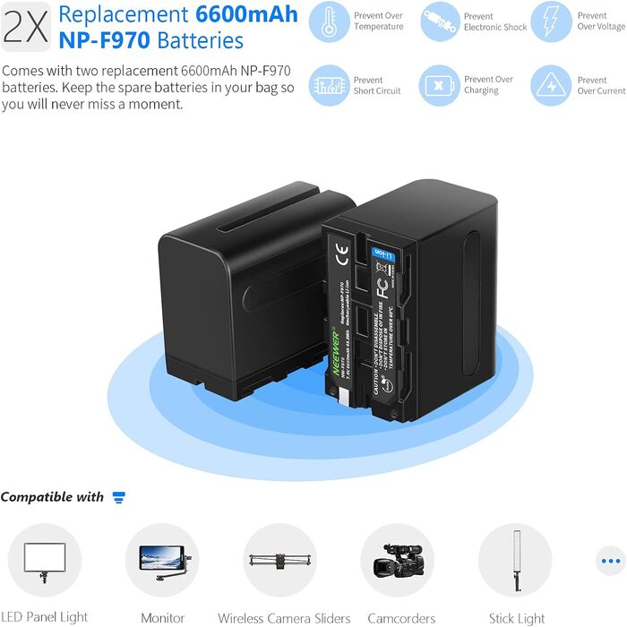 Зарядний пристрій NEEWER Dual USB з 2 акумуляторами 6600mAh NP-F970 та швидкою зарядкою для Sony NP-F970/F960/F950/F770/F750/F570/F550, Handycam, LED-ліхтарі, моторизовані слайдери NW-F970 DQ-F970