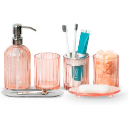 Umimile Bathroom Accessories Set, 6-Piece, Green Glass, Complete Toothbrush Holder, Cup, Lotion Dispenser, Soap Dish, Vanity Organizer, Aromatherapy Cup for Apartment, Bathroom Decor (Pink, 6 Pcs Bathroom Set)