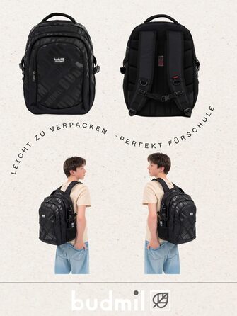 Ергономний шкільний рюкзак Budmil для хлопчиків та дівчаток, 32L, для підлітків та дітей від 5 класу, водонепроникний, з 3 відділеннями та вентильованою спинкою (Edwin Black)