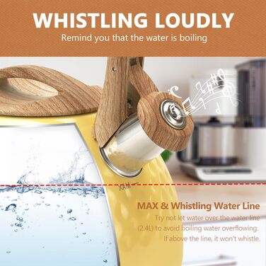 Чайник Harriet Teekessel для плити, 2.5 QT, флейтовий, з 5-шаровим дном, з нержавіючої сталі, з термостійкою ручкою, для газових та електричних плит, червоний глянцевий (жовтий глянцевий)