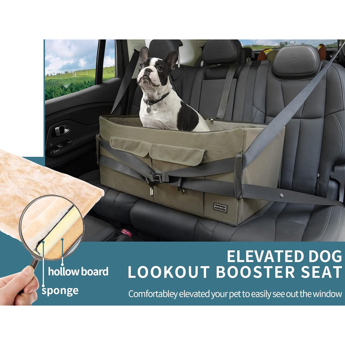 Автокрісло для собак Petsfit: зручне автокрісло для середніх та 2 маленьких собак, з миючим матеріалом, ременями безпеки та кишенькою для зберігання (L, Коричневий)