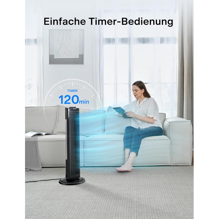 PELONIS 76 см Турбовентилятор з осциляцією, 3 швидкості, таймер 8H, тихий та компактний для дому/офісу (чорний)