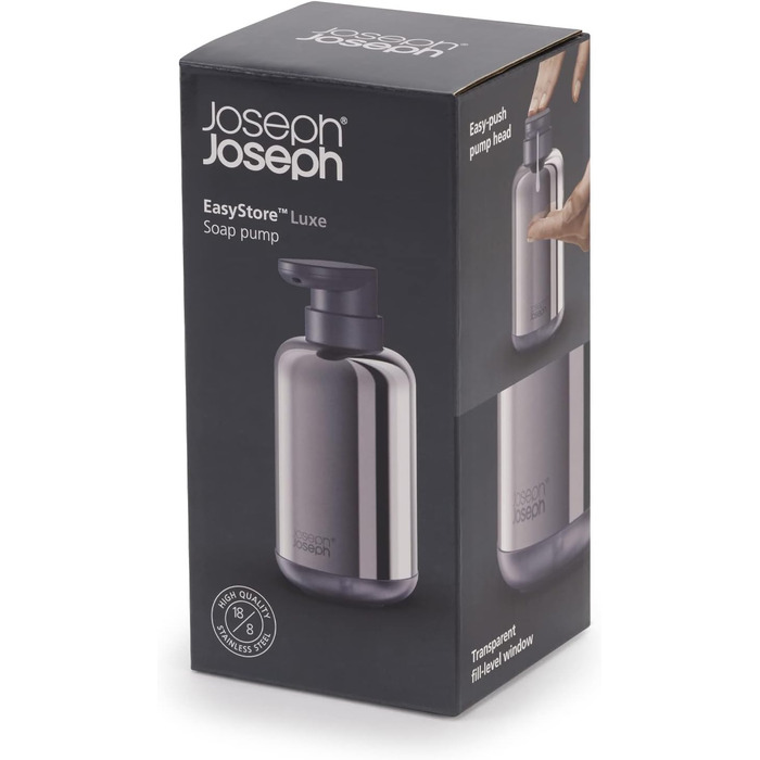 Joseph Joseph EasyStore - Luxury Stainless Steel Soap Dispenser with Level Indicator, Easy-to-Press Pump Head, Non-Slip Base, Refillable