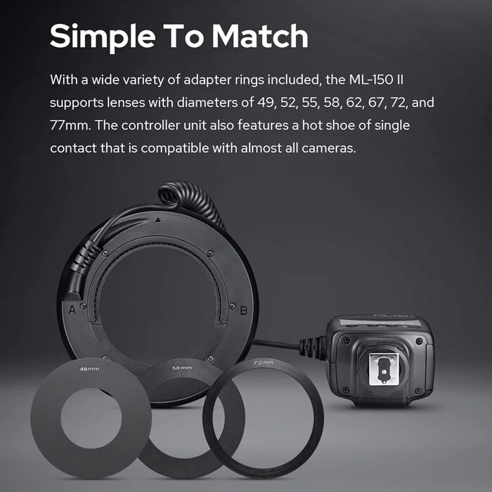 Godox ML-150II Макро-кільцевий спалах: 11 рівнів яскравості, кольорова температура 5800K, GN12, швидка перезарядка, 8 адаптерних кільця для Canon, Nikon, Sony DSLR камер