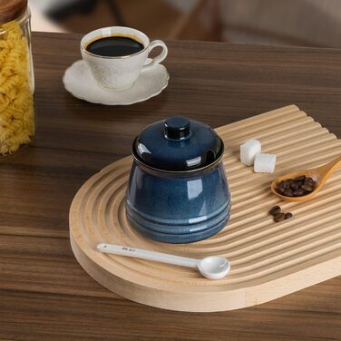 Porcelain sugar bowl, 10 oz spice jar with lid and spoon, sugar bowl for coffee bar, salt container for kitchen, blue