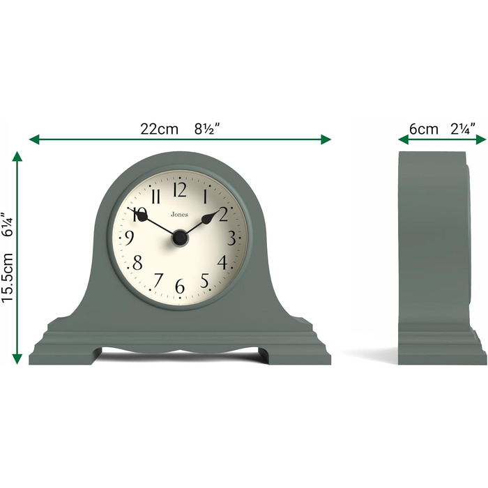 JONES CLOCKS® Speakeasy Desk Clock | Classic Napoleon Hat Design | | Contemporary classic style for desk, table, shelf or bedside table (Green)