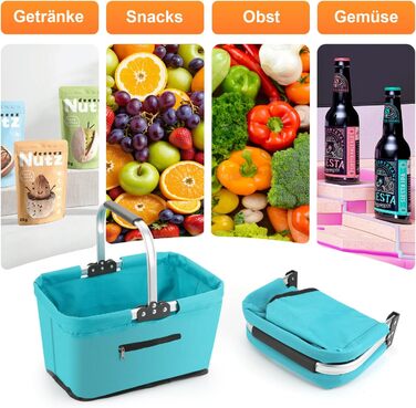 Складаний кошик для покупок 25L з м'якими ручками та кишенею на блискавці, блакитний