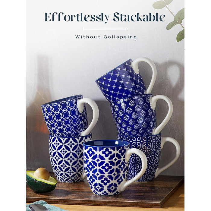 DOWAN Coffee Mug Set, 6 x 560 ml Porcelain Coffee Cups, Large Cups in Chinese Traditional Pattern Style for Coffee, Milk, Tea & Hot Chocolate, Coffee Mug Blue and White