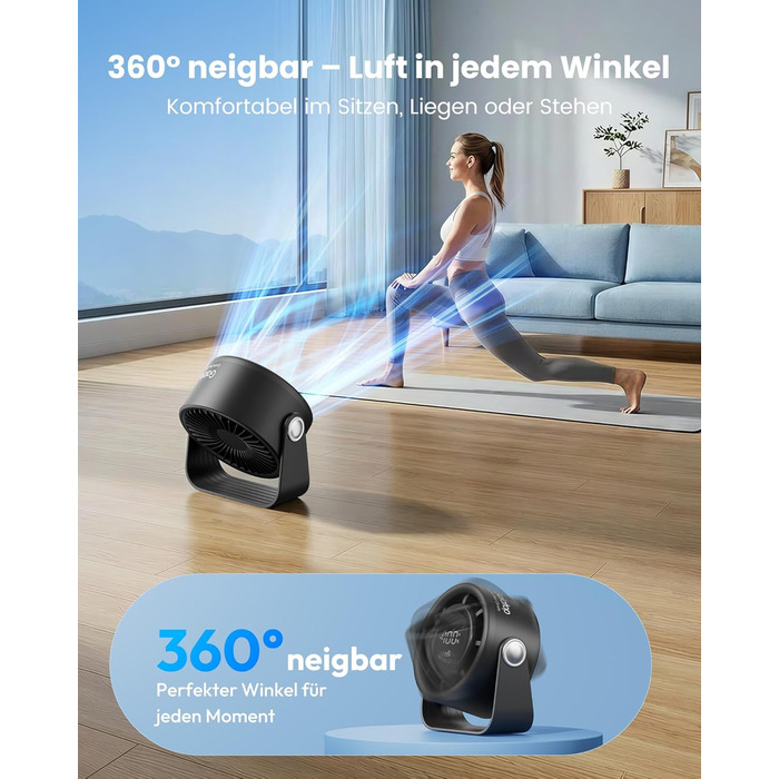 Портативний акумуляторний вентилятор Gaiatop з USB, 5 швидкостей, тиха робота, сенсорне управління, 360° обертання, для дому та офісу, чорний