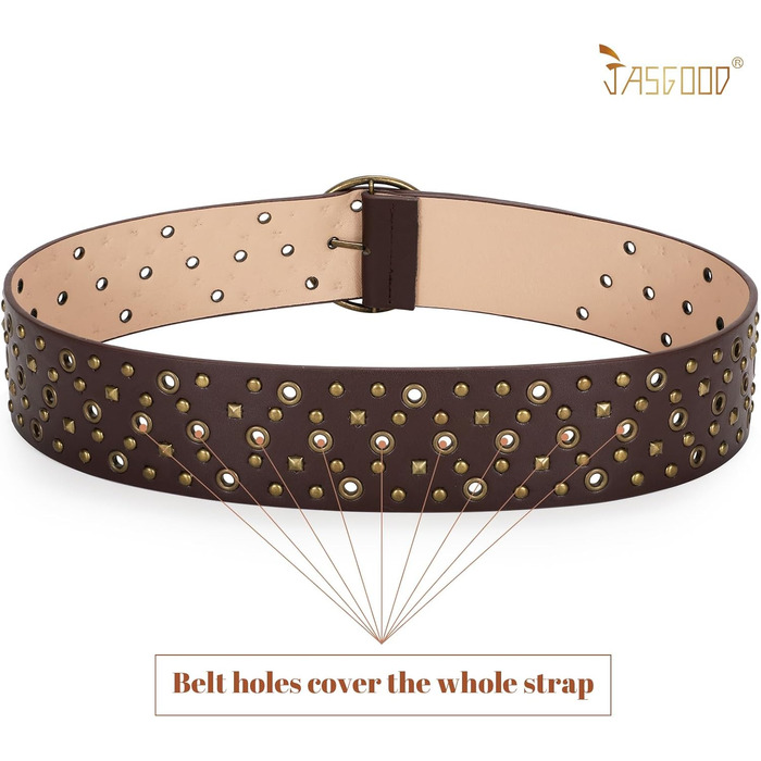 Жіночий широкий пояс JasGood з прорізними пірсингами та круглою застібкою, пояс з пірсингом, пояс для талії для вінтажних джинсів, штанів, суконь. Розмір S (підходить для талії до 88 см) (Коричневий, Розмір S (підходить для талії до 88 см))