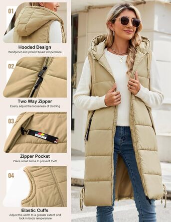 Тепла зимова жилетка Vancavoo з капюшоном, XXL, хакі. Легка стьобана жилетка з пуху для жінок та чоловіків. Перехідна куртка-жилетка на осінь/зиму.