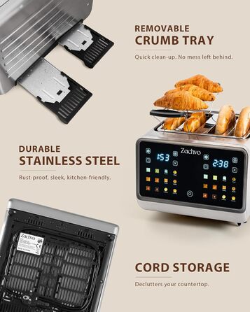 Тостер на 4 шматочки з сенсорним екраном та таймером – нержавіюча сталь, довгі слоти, 2 незалежні зони температури, підставка для бургерів та сендвічів, 6 програм, срібний колір