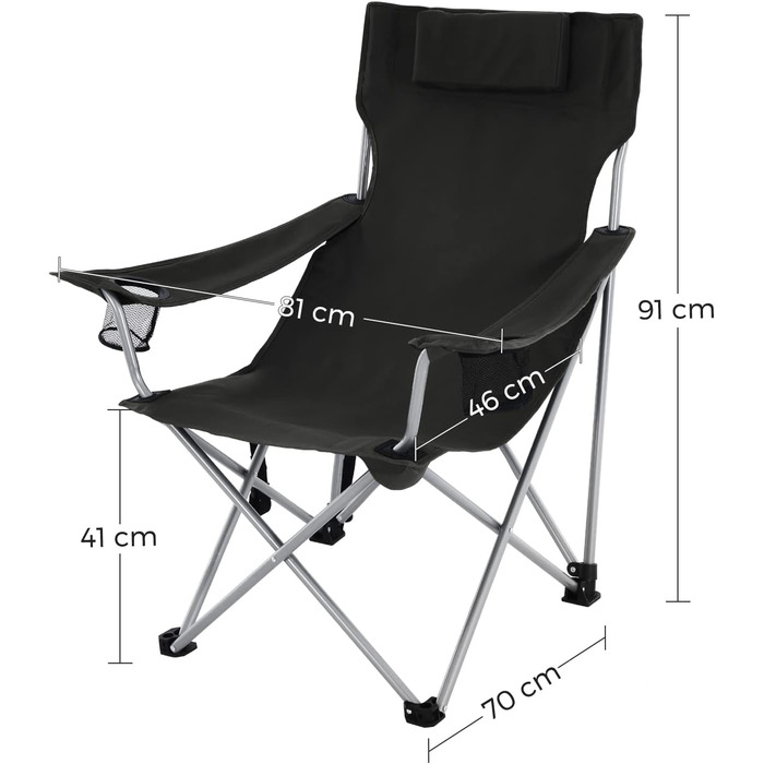 Кемпінговий стілець SONGMICS зі спинкою та підлокітниками, чорний, до 150 кг