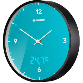 Bresser MyTime Radio-Controlled Wall Clock without Ticking Sounds, 24 cm Dial, LED Second Display, Indoor Temperature, and Silent Radio Movement, (Sky Blue)