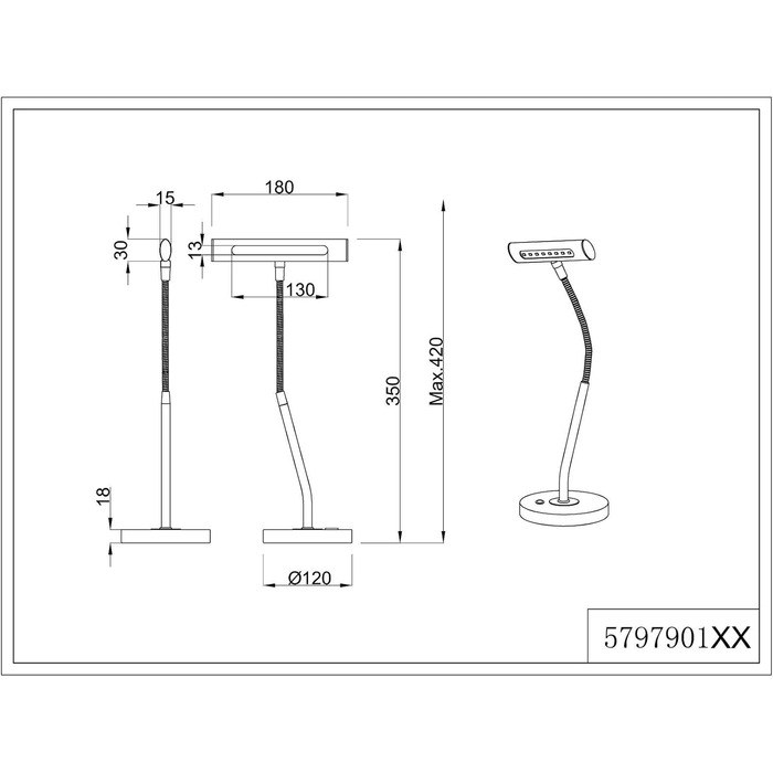 LED настільна лампа Trio Leuchten Curtis, металевий корпус, матове латунь, 4 Вт, сенсорне керування, гнучка шийка