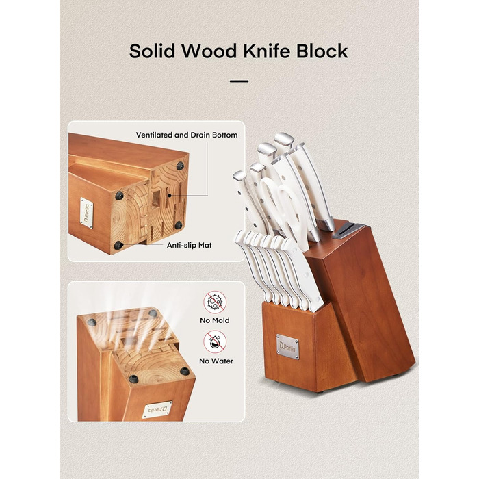 D.Perlla 14-Piece Self-Sharpening Knife Block Set - Professional Stainless Steel Kitchen Knife Set with Plastic Handle & Wooden Block (Brown)