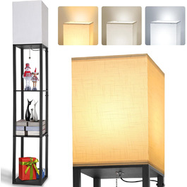 Світлодіодна торшер з дерева, 1.6м, з цоколюванням E27 (3000K-5000K), ретро торшер з 3 полицями, 3 колірні температури, настільна лампа з абажуром для спальні, кута, вітальні, офісу, чорний