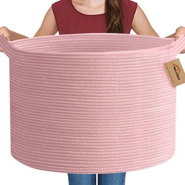 Великий рожевий кошик для зберігання MEGASKET 56×56×36 см, плетений мотузковий органайзер для іграшок, пледів та речей, кошик для вітальні