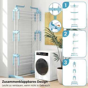 Сушарка для білизни COSTWAY 4-рівнева з колесами, розкладна, з 2 обертовими крилами, висувна, для дому та вулиці (світло-блакитна)