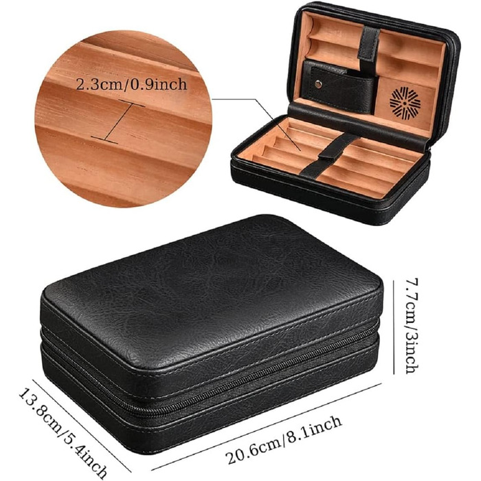 Чохол для сигар з шкіри, вологомір та запальничка 3-в-1, портативний, на 6 сигар, плоский різак, аксесуари, подарунок (чорний)