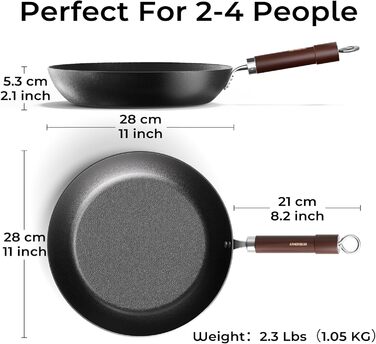 Сковорода з вуглецевої сталі 28 см, антипригарна, з бакелітовою ручкою, без PFOA, для приготування їжі, кемпінгу, професійного використання