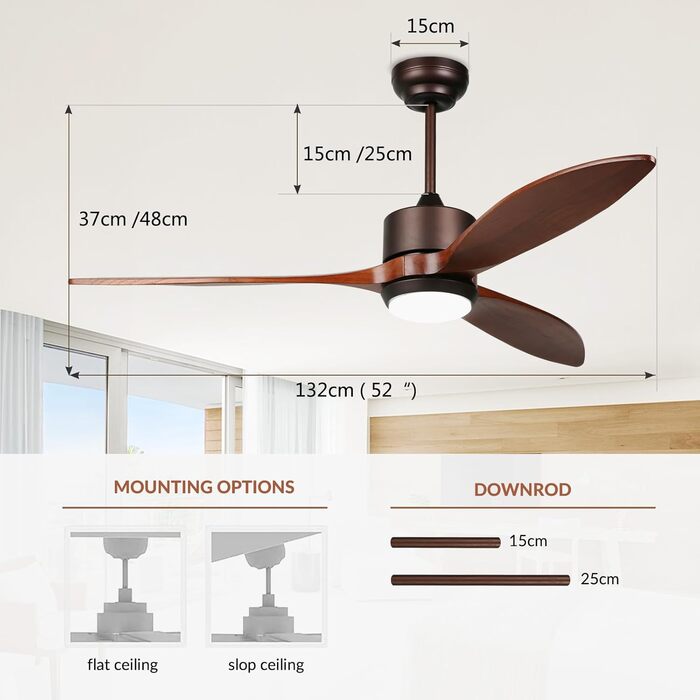 Стеляний вентилятор Reiga з дерев'яною обшивкою, 165 см, великий, DC-двигун, керування пультом та Smart Home, 6 швидкостей, колір дерево, для внутрішнього/зовнішнього використання, з підсвічуванням