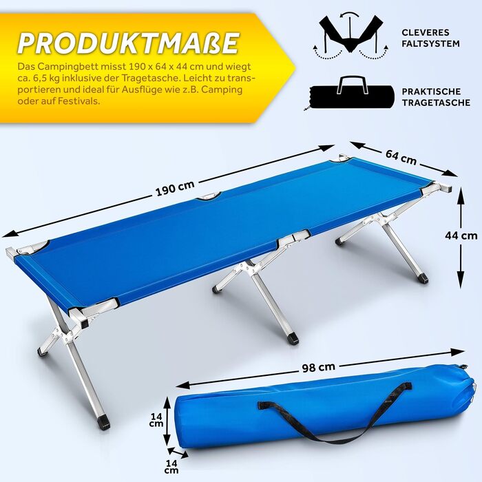 Розкладне кемпінгове ліжко-ліжка TRESKO, 190x64x44 см, до 200 кг, з сумкою для перенесення