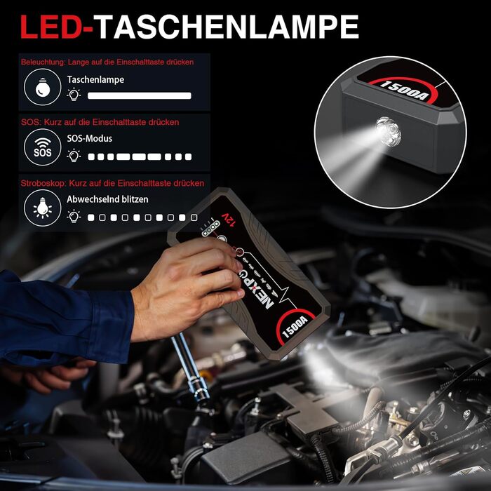 Powerbank для авто NEXPOW Starthilfe 1500A: стрибковий стартер з LED ліхтариком та USB, 12V для бензинових (7.0L) та дизельних (5.5L) двигунів