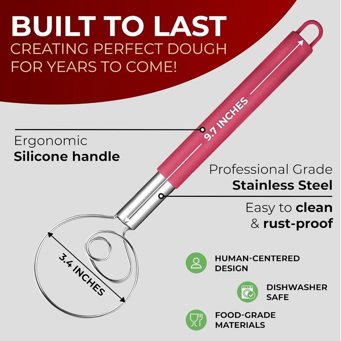 ORBLUE Тістоміс датського типу з силіконовою ручкою, вінчик для збивання з нержавіючої сталі, червоний, чорний