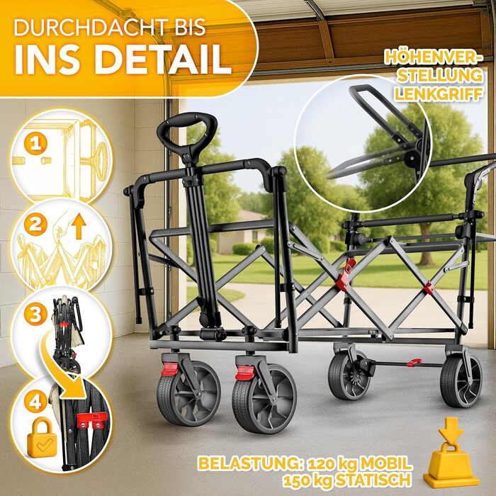 TRESKO® Розкладний вагончик з дахом, кишеньою-холодильником та бічними ролетами | Вагончик для перевезення вантажів до 150 кг | З повного гумового покриття коліс та гальмами (передні та задні) та 3-точковим ременем безпеки (Зелений) (Бежевий)