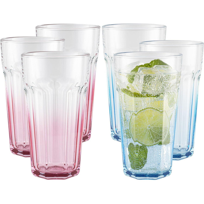 TREND FOR HOME Gigi Secret Pastels Large Drinking Glasses 630 ml, Set of 6 Cocktail Glasses, XXL Long Drink Glasses, Dishwasher Safe, Perfect for Home