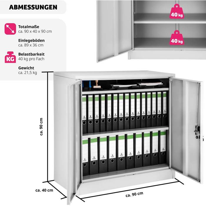 Металевий офісний шафа tectake із замком, 3 полиці, 90x40x90 см, сірий