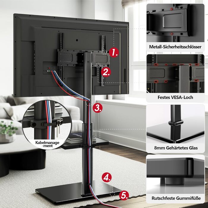 AOKCOS TV Stand - Adjustable Swivel & Tilt Floor Stand for 32-70 inch TVs (up to 40kg, VESA 400x400mm) - Black