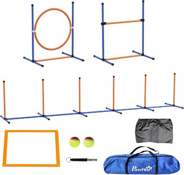 Набір для аджиліті PawHut для собак, 8 предметів, для вулиці, з тканинними стовпчиками, регульоване кільце для стрибків, бар'єри, зона відпочинку, тенісні м'ячі, свисток, шорти для тренувань