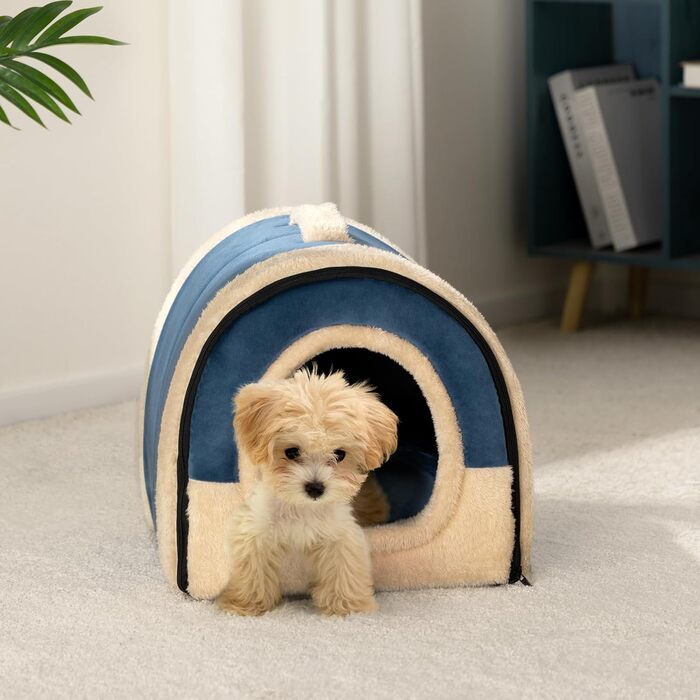 Hollypet Cat Bed, Small Dog Bed, 2-in-1 Foldable Plush Pet Bed for Cats & Small Dogs, Cozy and Soft Pet Cave Bed for Indoor Outdoor, (Dark Blue)