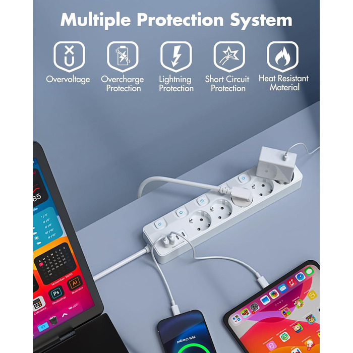 Многорозеткова смуга з 5 розеток та 4 USB-портами швидкої зарядки, KEPLUG, захист від перенапруги, індивідуальне вмикання/вимикання, плоский штекер, настінний монтаж, для офісу, кухні, столу, білий