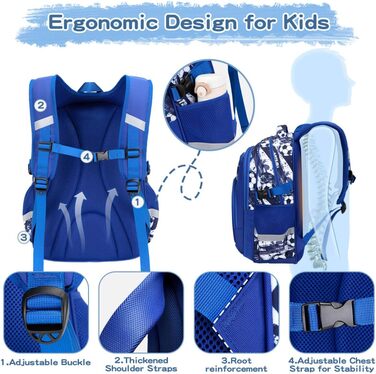 Дитячий рюкзак Cusangel для дівчаток та хлопчиків, ергономічний, регульований, водостійкий, з нагрудним ременем (синій, з футбольною тематикою)
