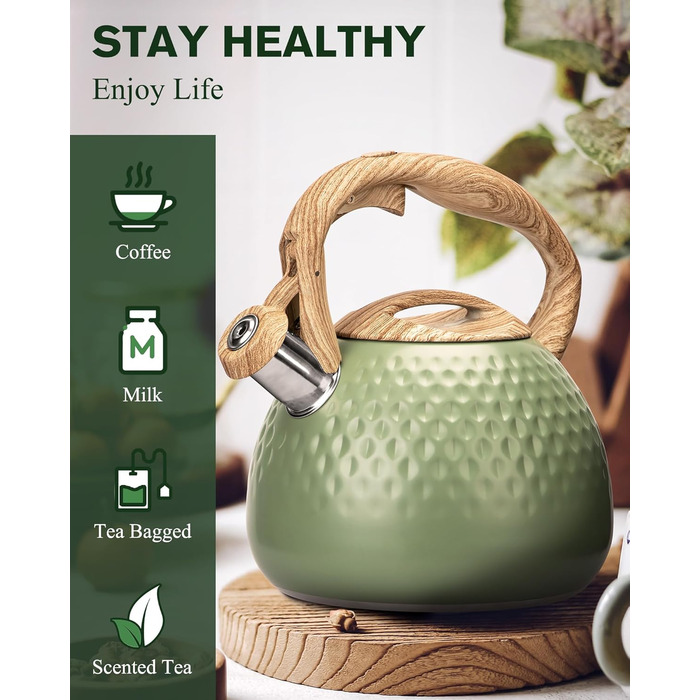 Чайник для заварювання чаю Teekessel 2,7 л з емальованим покриттям зеленого кольору з імітацією дерева, з носиком, з нержавіючої сталі, антижаровий ручка оливкового кольору