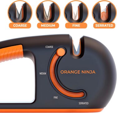 Точилка для ножів Orange Ninja 4-ступенева - преміум точилка для кухонних ножів - регульована ручна точилка для кухонних ножів, кишенькового ножа, кухарського та зубчастого ножа від Sharp Pebble