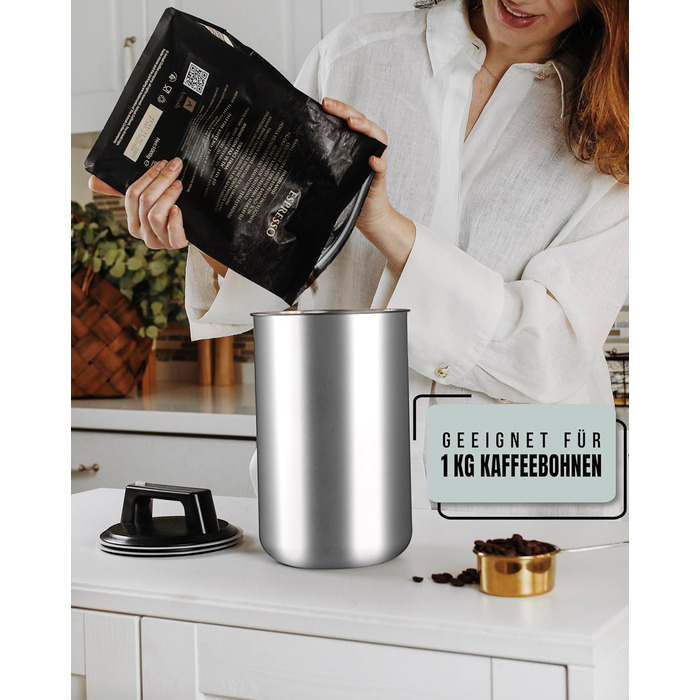 Контейнер для кави KC Kitchen & Co. на 1 кг з нержавіючої сталі, герметичний, з вакуумним клапаном, 2800 мл, сріблястий