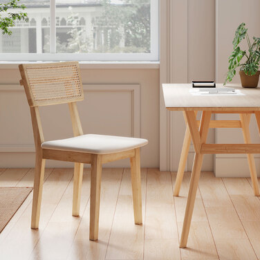 HOMCOM Dining Chair with Rattan Back, Faux Leather Seat, and Rubberwood Frame