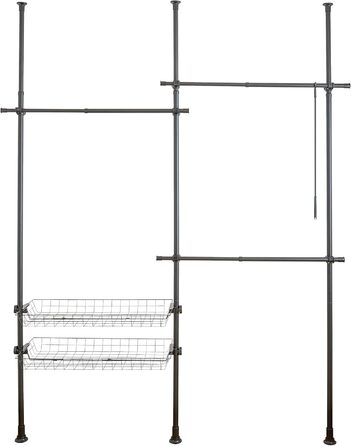 WENKO Telescopic System Hercules Duo, 3 Clothes Rails, 2 Storage Baskets, Extendable, Powder-Coated Metal, 164-215 x 165-300 x 38 cm, Matte Black