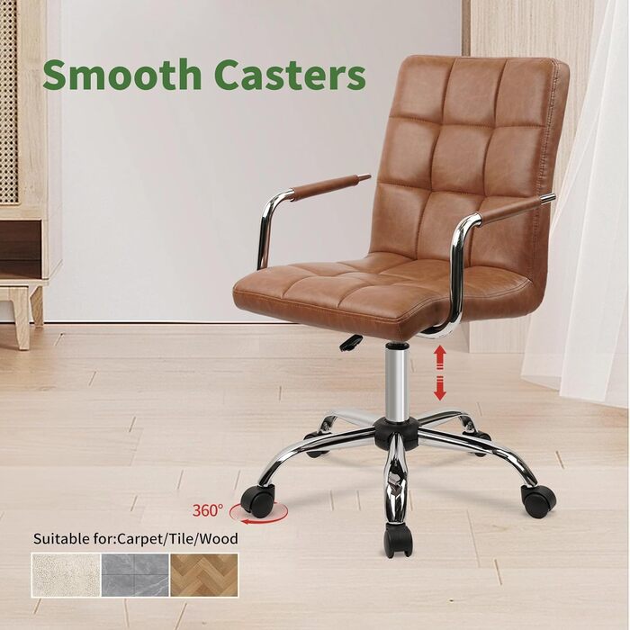 Крісло офісне Clatina Leder, 160 кг, ергономічне, 360° обертання, регульована висота, середні підлокітники, комплект 4 шт. (Колір: Коричневий)